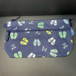 Life is good canvas travel pouch navy flip flop print 12x7” zippered side pocket